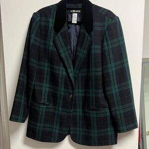 Sag Harbor Vintage Green & Navy Plaid Blazer Crest Button Black Velvet Collar XL